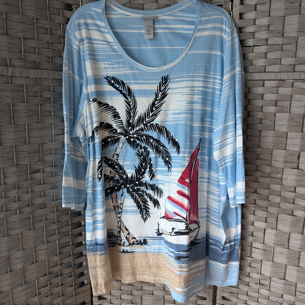 Catherines Top Blue Tropical Palm Tree Sailboat Sequin 1X 18/20W Coastal Casual